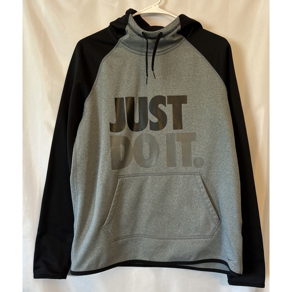 Nike Therma Fit M Gray & Black Hoodie Jacket JUST DO IT Spellout Mock Neck